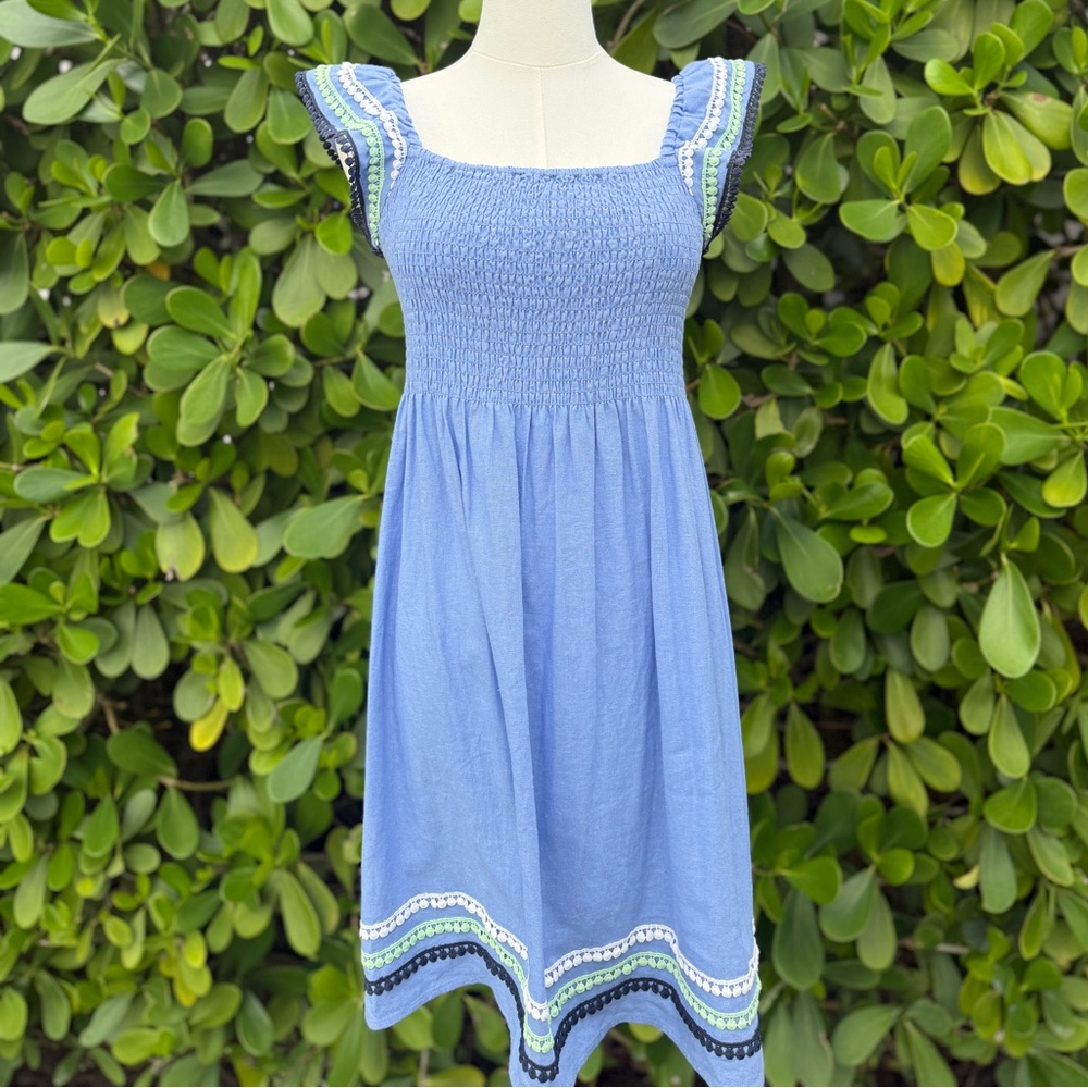 Sail to Sable Blue Smocked Mini Dress with Trim